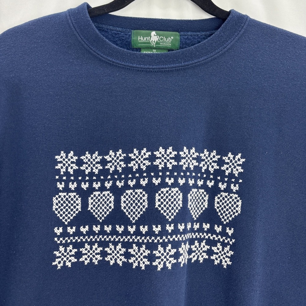 Hunt Club Sweatshirt Woman 1X Navy Blue Snowflake Hearts Fair Isle Crew Neck - Picture 2 of 14